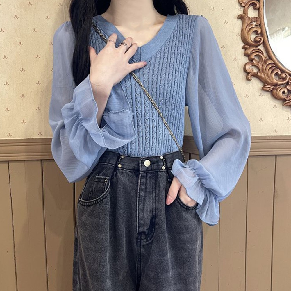 Casual Long Sleeve Knitted Shirt for boutiques Women with V Neck Splicing Design