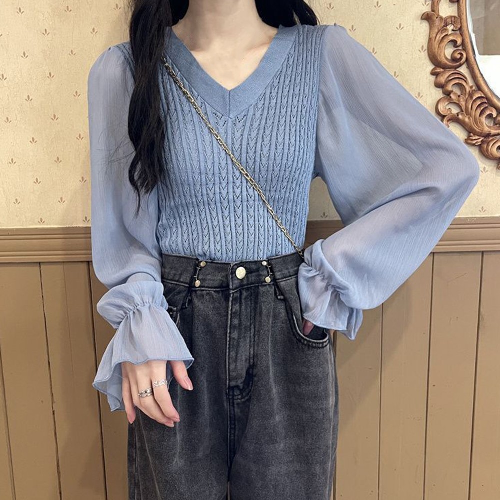 Casual Long Sleeve Knitted Shirt for Women with V Neck Splicing Design vente