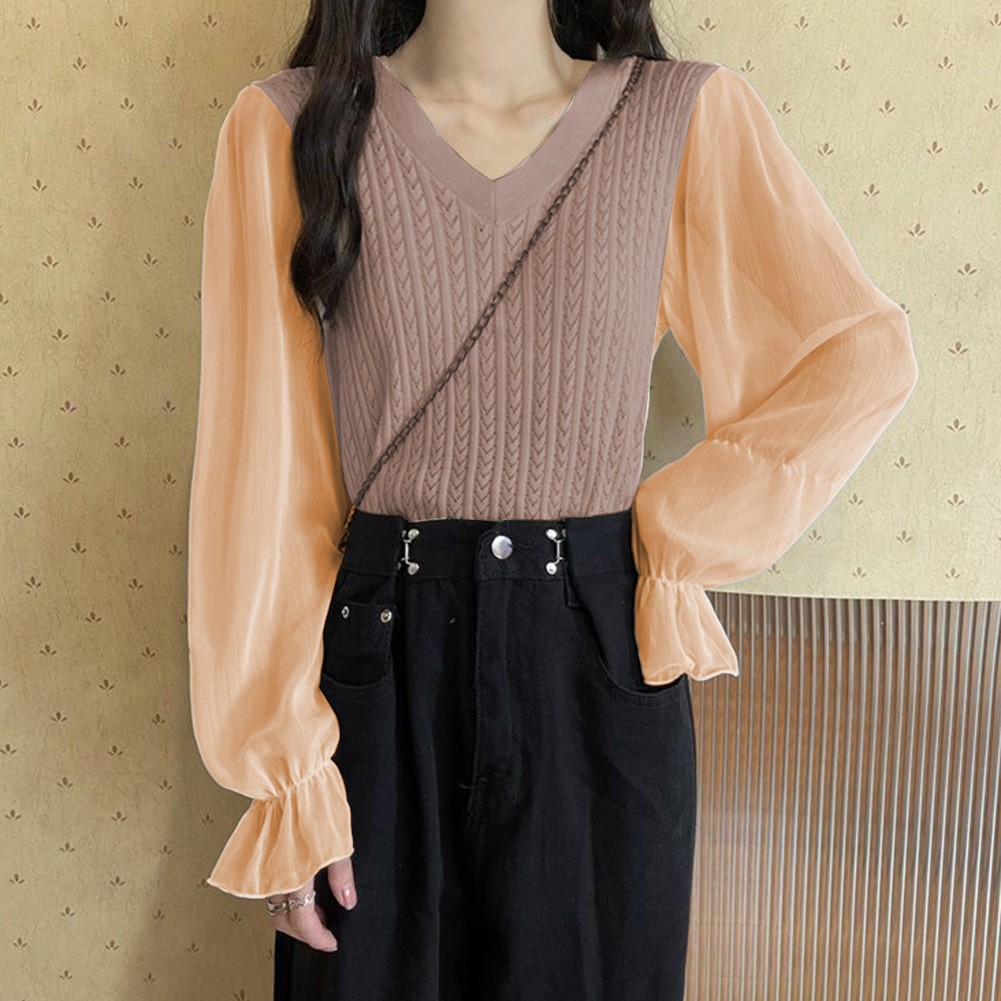 Casual Long Sleeve Knitted Shirt for Women with V vendu Neck Splicing Design