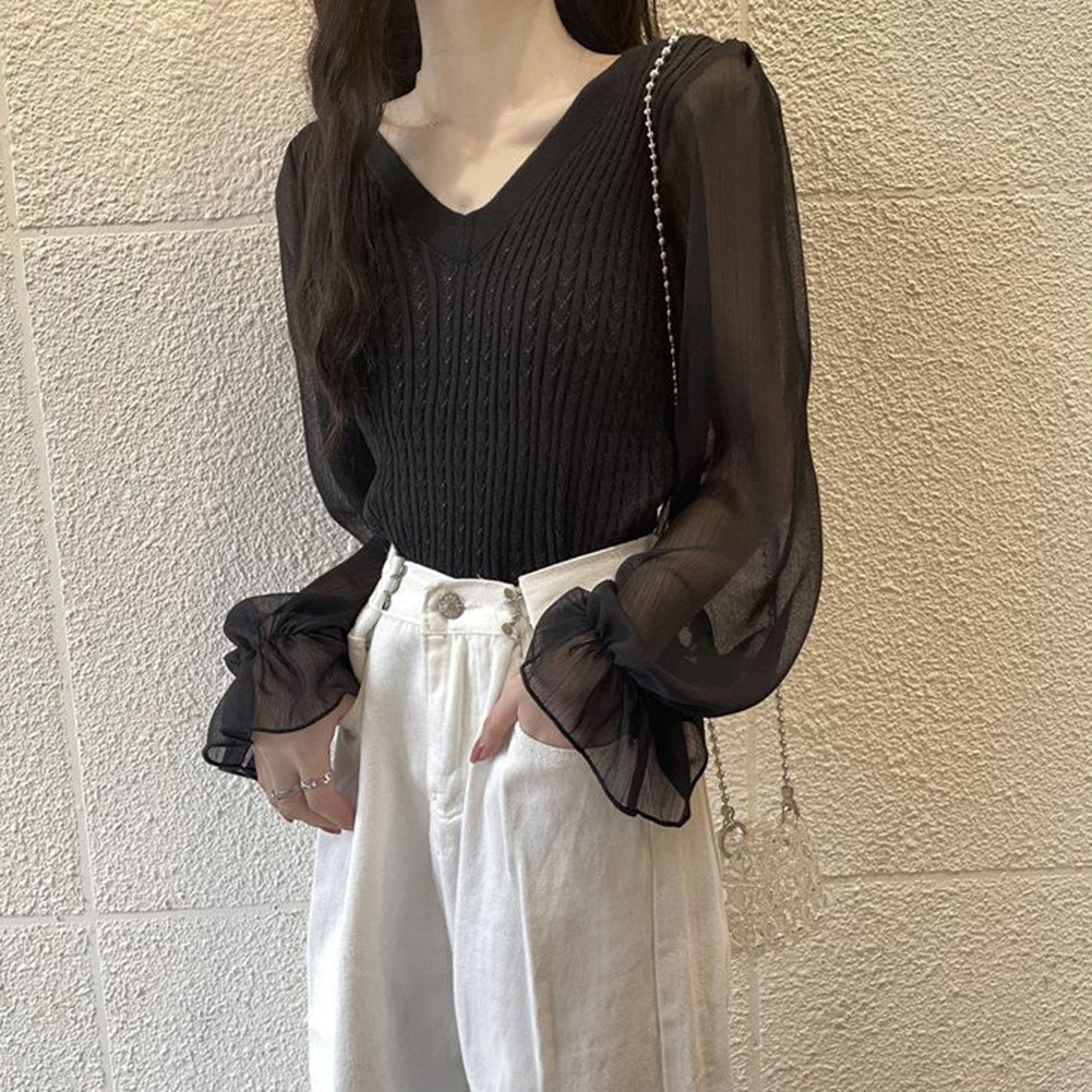 Casual économies Long Sleeve Knitted Shirt for Women with V Neck Splicing Design