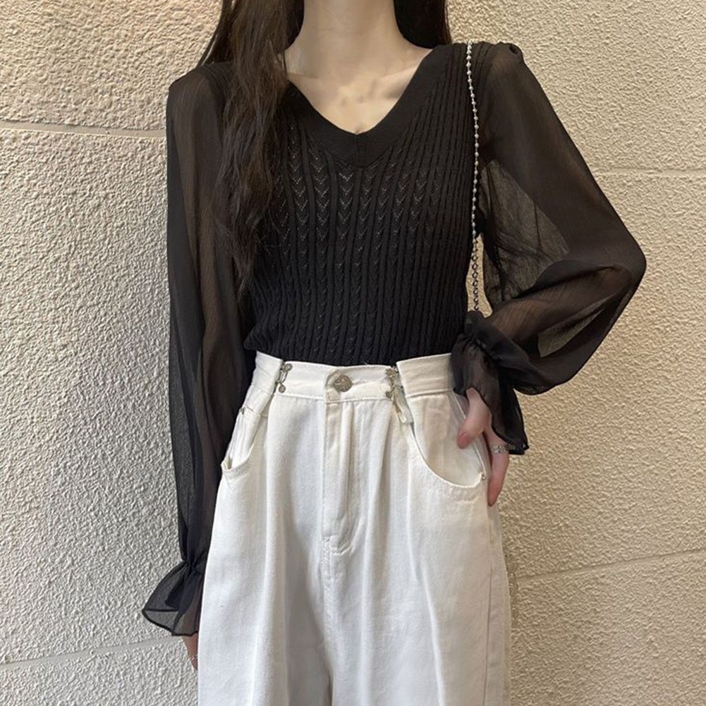 Casual Long Sleeve Knitted 2024 Shirt for Women with V Neck Splicing Design