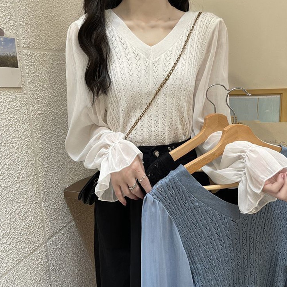 Casual Long Sleeve Knitted Shirt for Women with V vendu Neck Splicing Design
