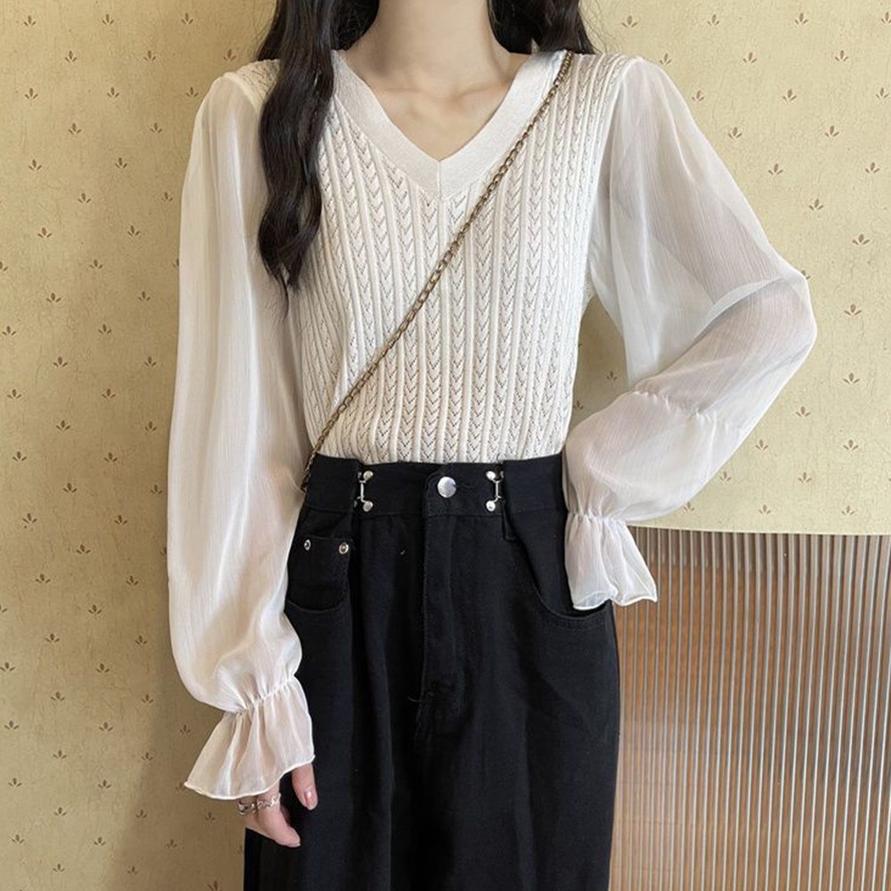 Casual économies Long Sleeve Knitted Shirt for Women with V Neck Splicing Design