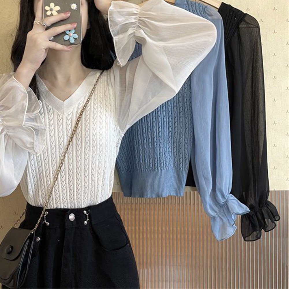 Casual Long Sleeve Knitted Shirt for Women with V vendu Neck Splicing Design