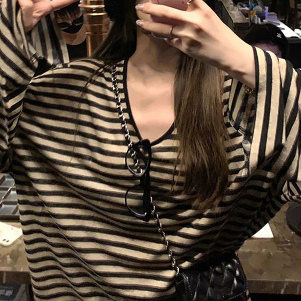 Women's Casual Long Sleeve Striped T Shirt Suitable for Vacation and Home Use - Picture 14 of 16