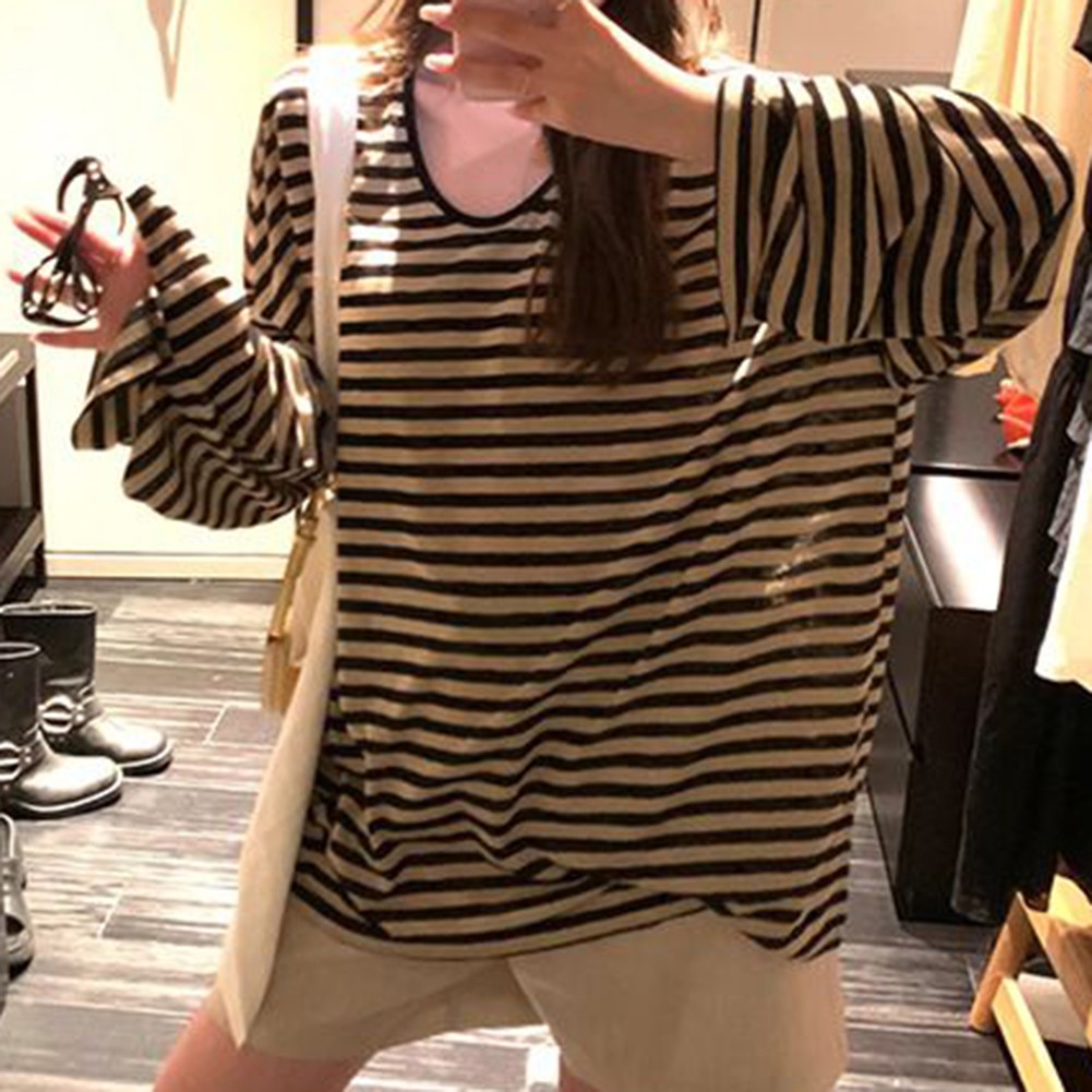 Women's Casual Long Sleeve Striped T Shirt Suitable for Vacation and Home Use - Picture 16 of 16
