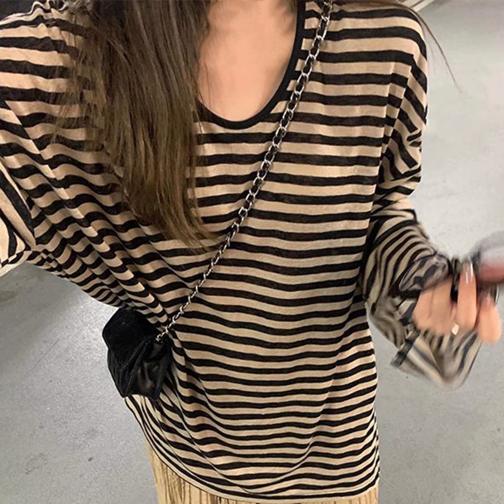 Women's Casual Long Sleeve Striped T Shirt Suitable for Vacation and Home Use - Picture 13 of 16