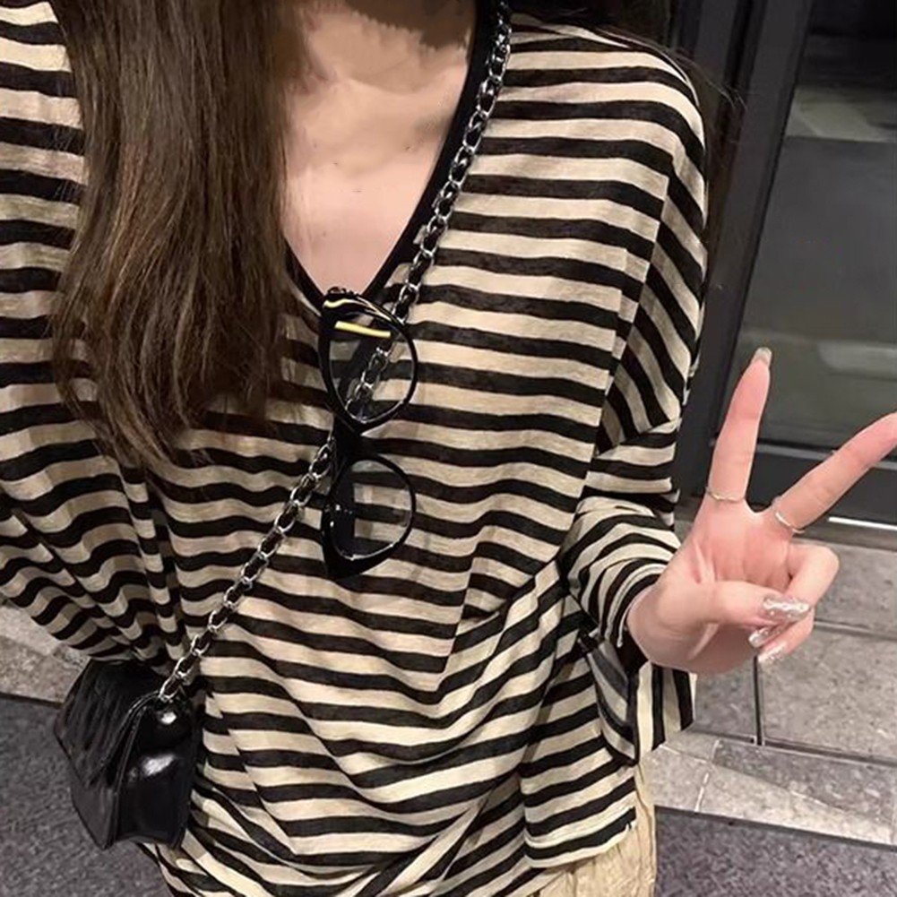 Women's Casual Long Sleeve Striped T Shirt Suitable for Vacation and Home Use - Picture 11 of 16