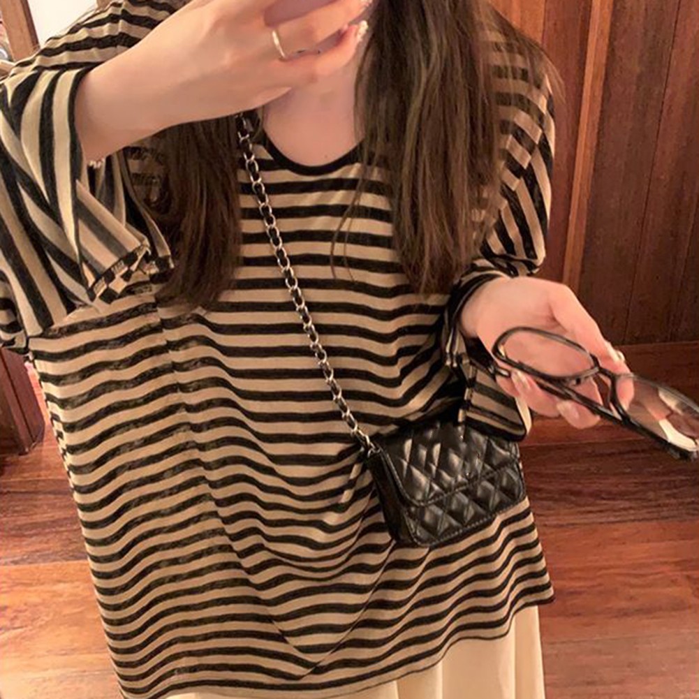 Women's Casual Long Sleeve Striped T Shirt Suitable for Vacation and Home Use - Picture 15 of 16