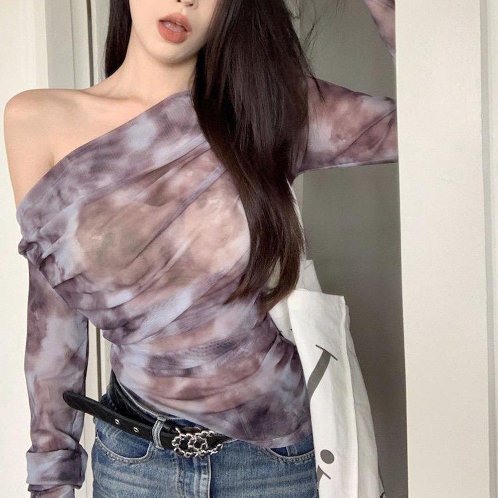 One Shoulder Tie Dye Long Sleeve T Shirt for Women in Khaki and Purple - Picture 15 of 28