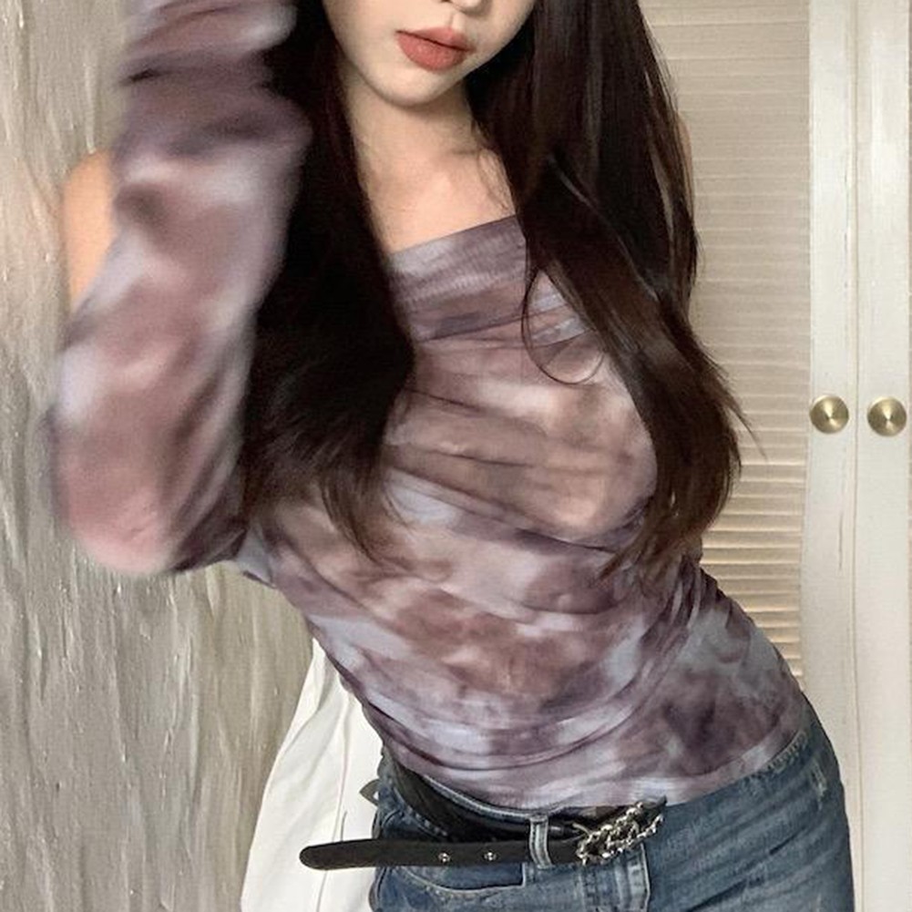 One Shoulder Tie Dye Long Sleeve T Shirt for Women in Khaki and Purple - Picture 14 of 28