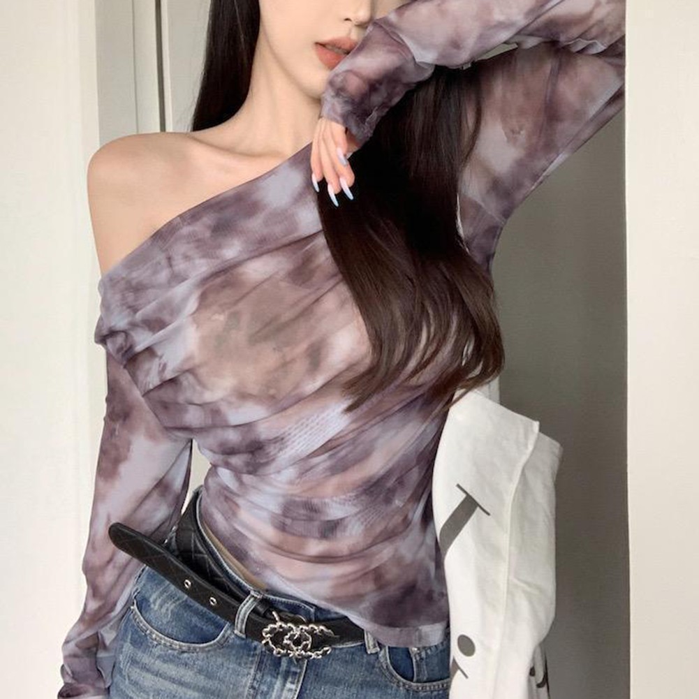 One Shoulder Tie Dye Long Sleeve T Shirt for Women in Khaki and Purple - Picture 13 of 28