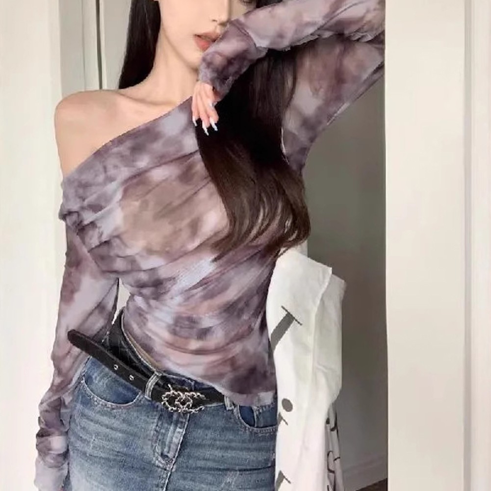 One Shoulder Tie Dye Long Sleeve T Shirt for Women in Khaki and Purple - Picture 16 of 28