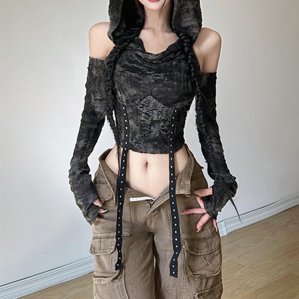 Alluring Slim Fit Offshoulder Hoodie Top Crafted from Polyester Fabric - Picture 6 of 9