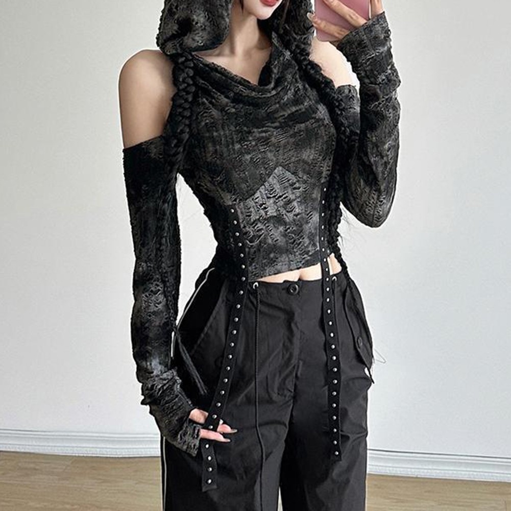 Alluring Slim Fit Offshoulder Hoodie Top Crafted from Polyester Fabric - Picture 8 of 9