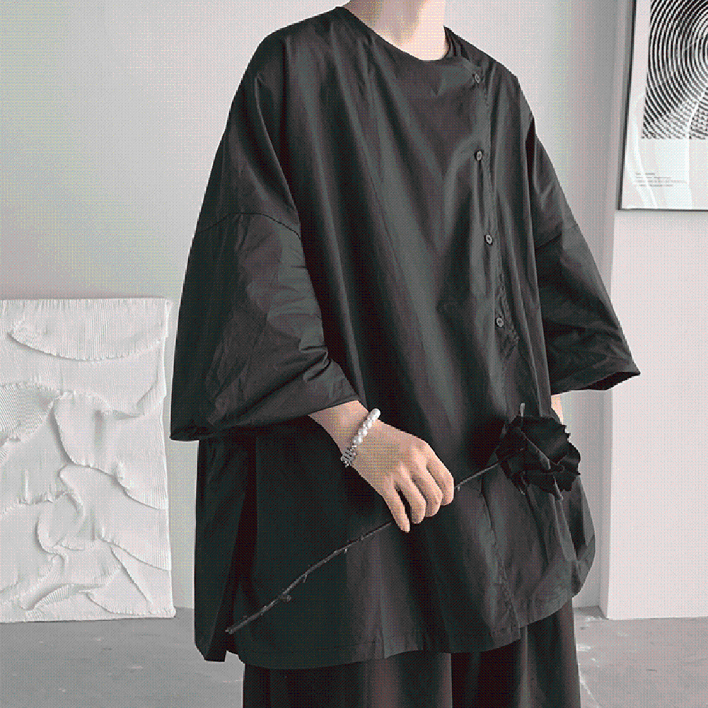 Chemise homme d��contract��e en polyester boutonn��e avec manches liquidation moyennes et co