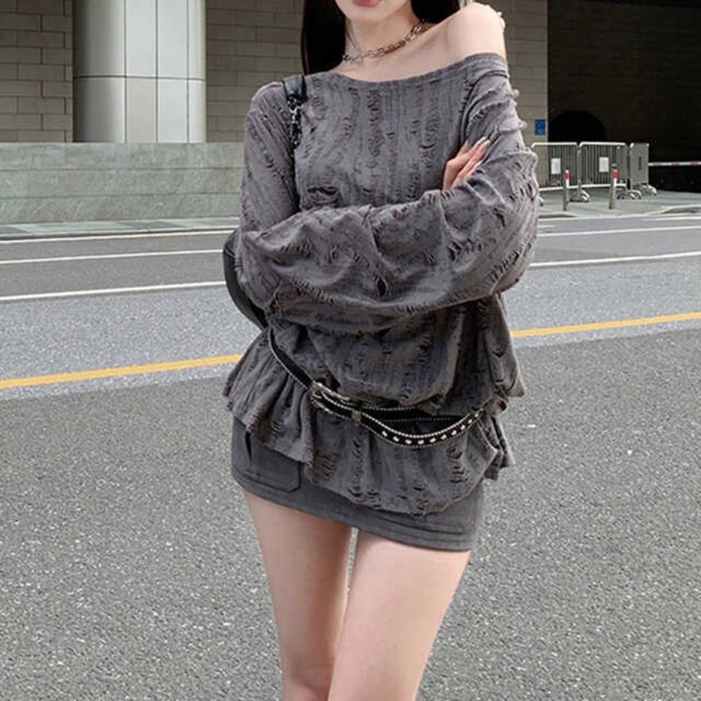 Innovative Gray Longsleeve Tee Featuring Stylish Hollow Cutouts For Women - Picture 14 of 28