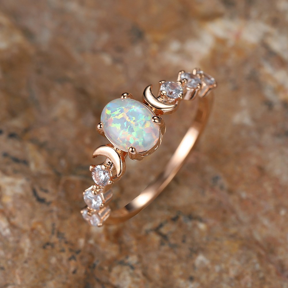 Chic Oval Moon Ring in Champagne Gold with White Opal Border for Daily Wear - Picture 21 of 32