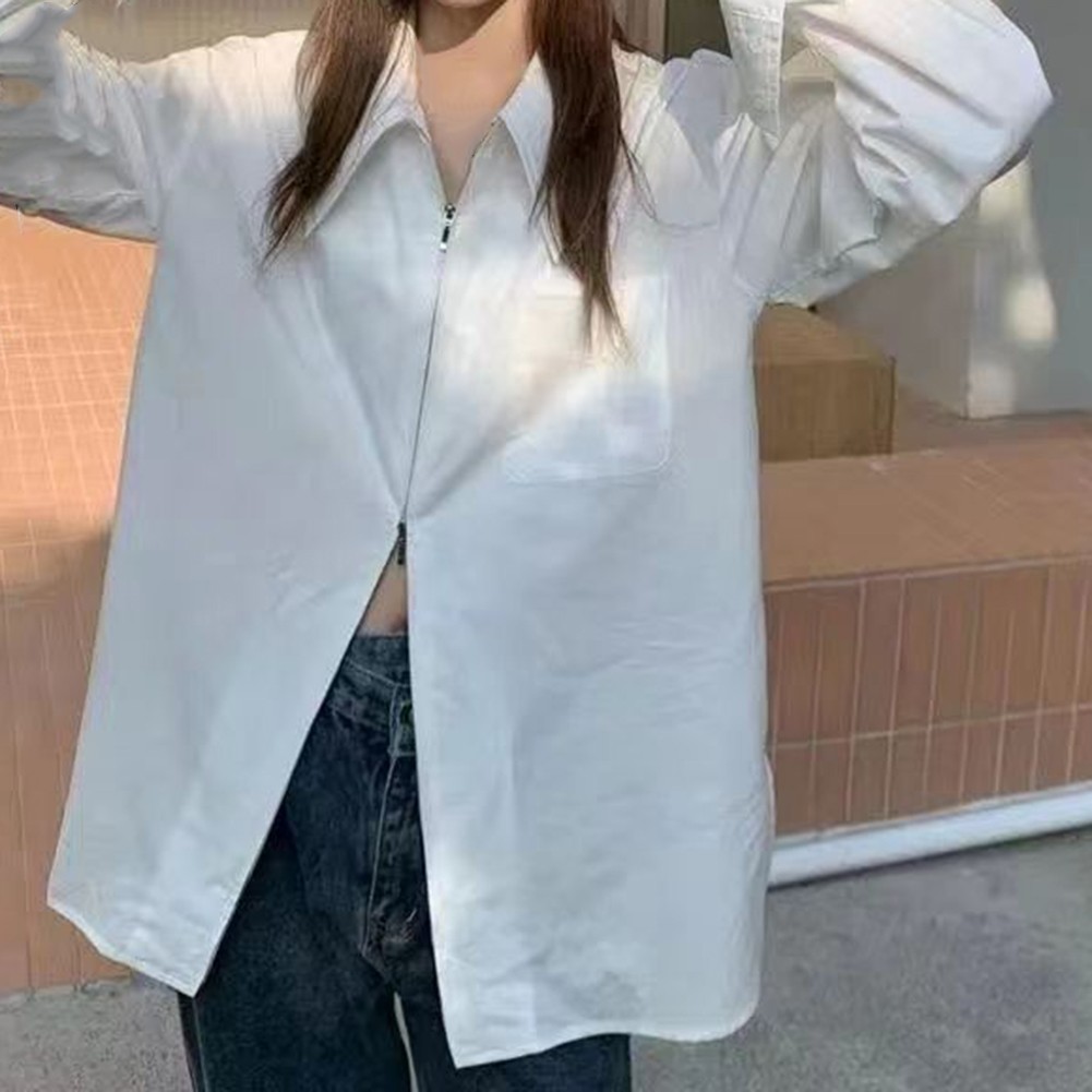 Solid Color Women's Zippered White Shirt with Long Sleeves for Casual Use - Picture 17 of 40