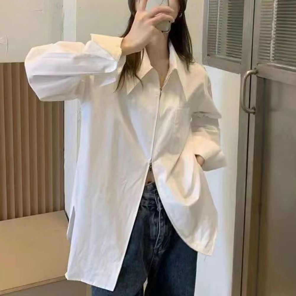 Solid Color Women's Zippered White Shirt with Long Sleeves for Casual Use - Picture 18 of 40