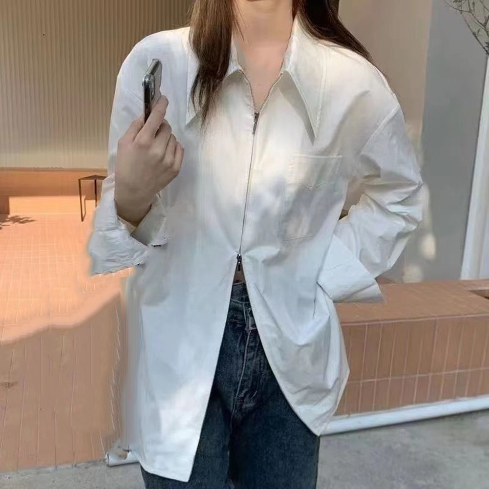 Solid Color Women's Zippered White Shirt with Long Sleeves for Casual Use - Picture 15 of 40