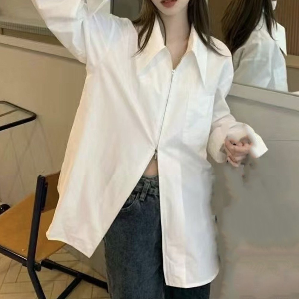 Solid Color Women's Zippered White Shirt with Long Sleeves for Casual Use - Picture 19 of 40
