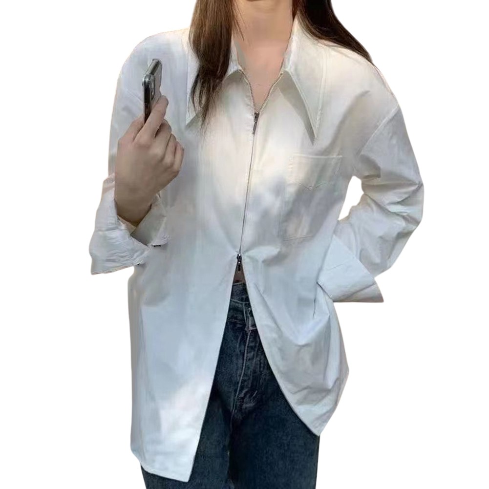 Solid Color Women's Zippered White Shirt with Long Sleeves for Casual Use - Picture 14 of 40