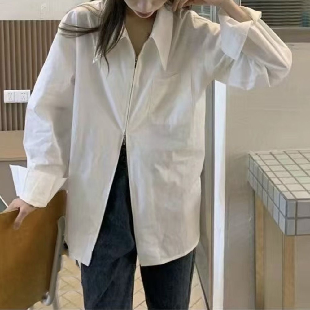 Solid Color Women's Zippered White Shirt with Long Sleeves for Casual Use - Picture 16 of 40
