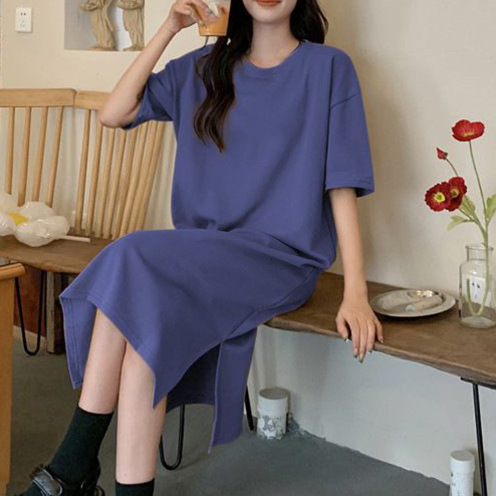 Relaxed Fit Solid Color Short Sleeve T Shirt Dress for Women Summer Essential - Picture 29 of 31