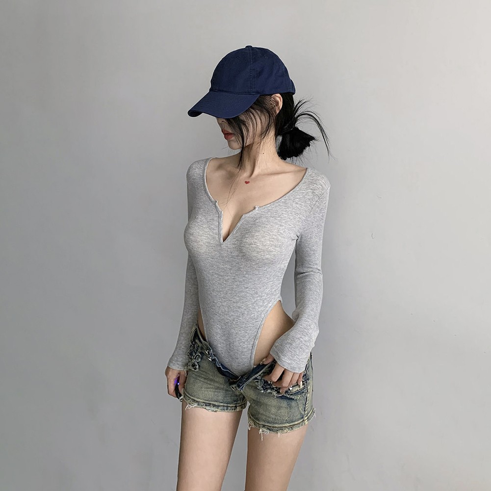 Long Sleeve Stylish Top for Women Solid Color Bodysuit with Notch Neck - Picture 13 of 18