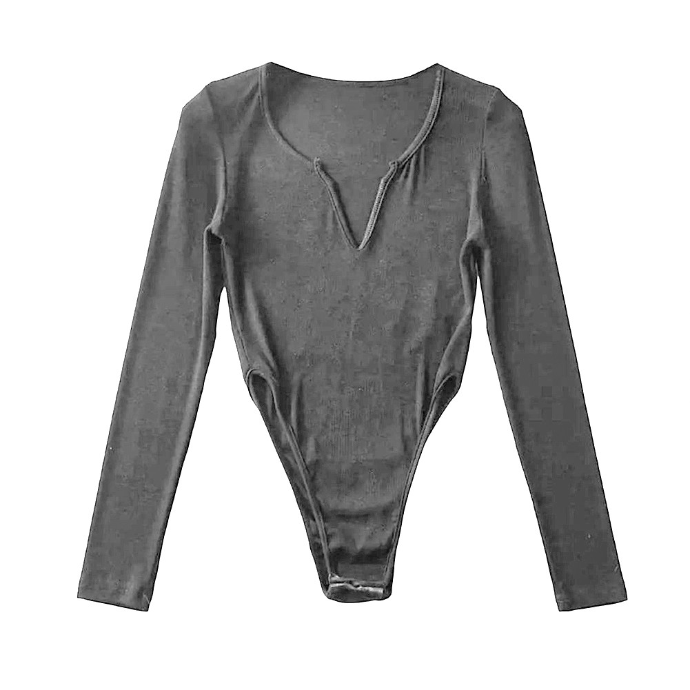 Long Sleeve Stylish Top for Women Solid Color Bodysuit with Notch Neck - Picture 15 of 18