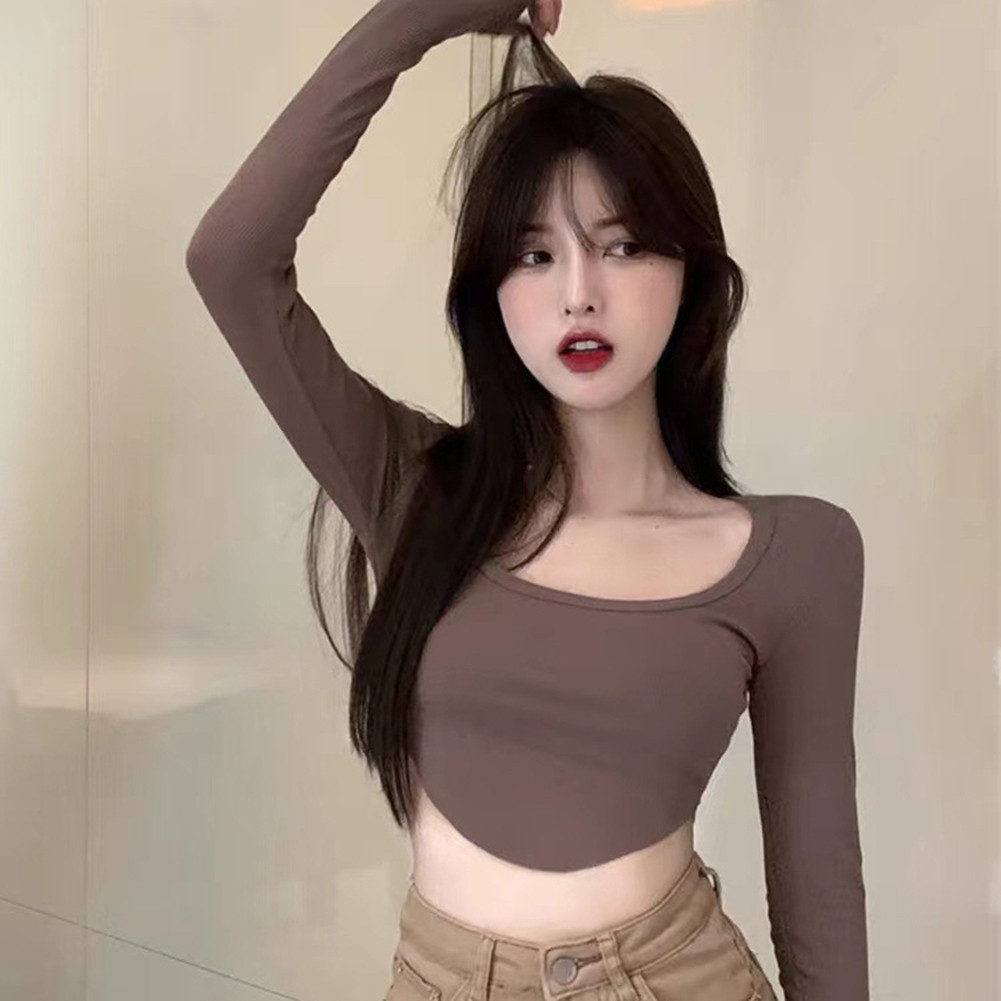 Sophisticated Womens Casual Crop Top with Stylish Long Sleeves and Neckline - Picture 13 of 28