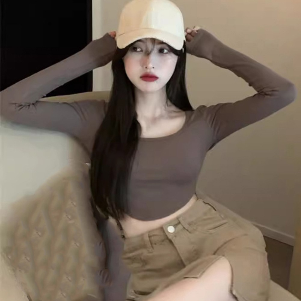 Sophisticated Womens Casual Crop Top with Stylish Long Sleeves and Neckline - Picture 16 of 28