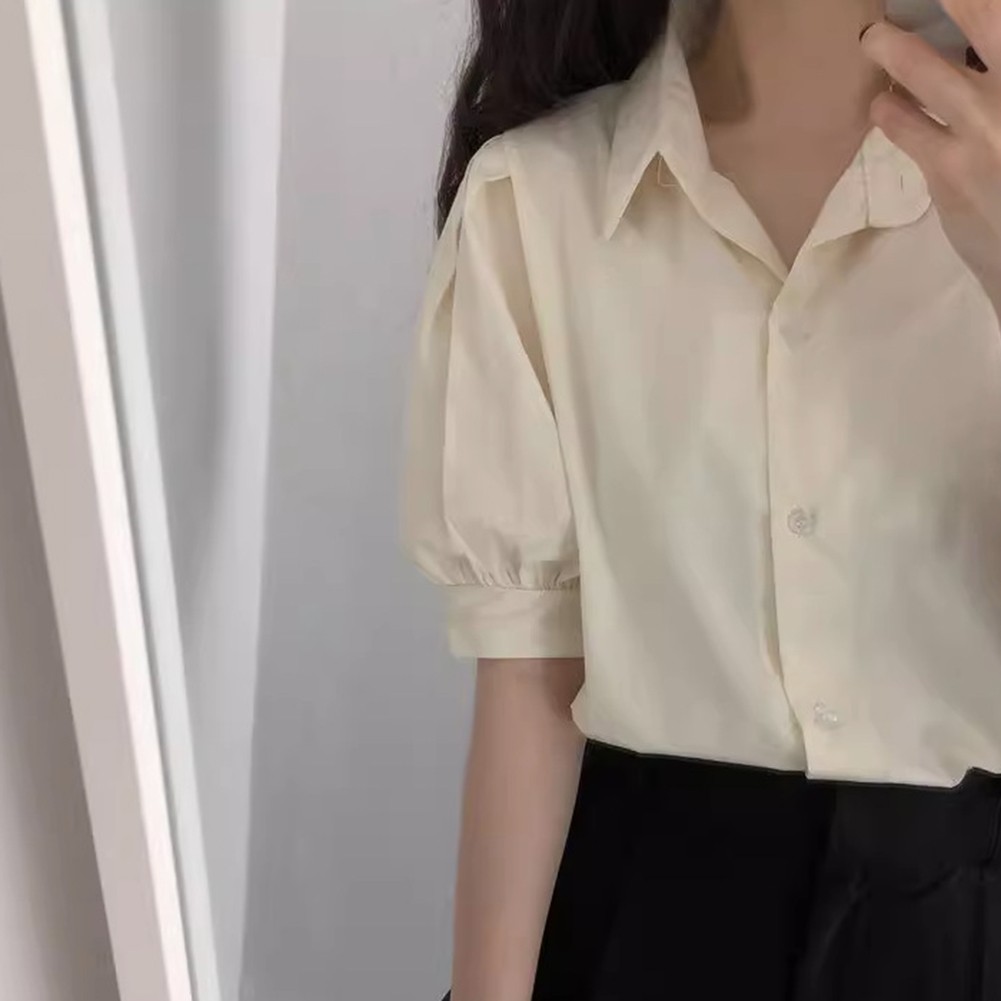 Stylish Women's Short Sleeve Lapel Shirt with Puff Sleeves Fashion Essential - Picture 15 of 15