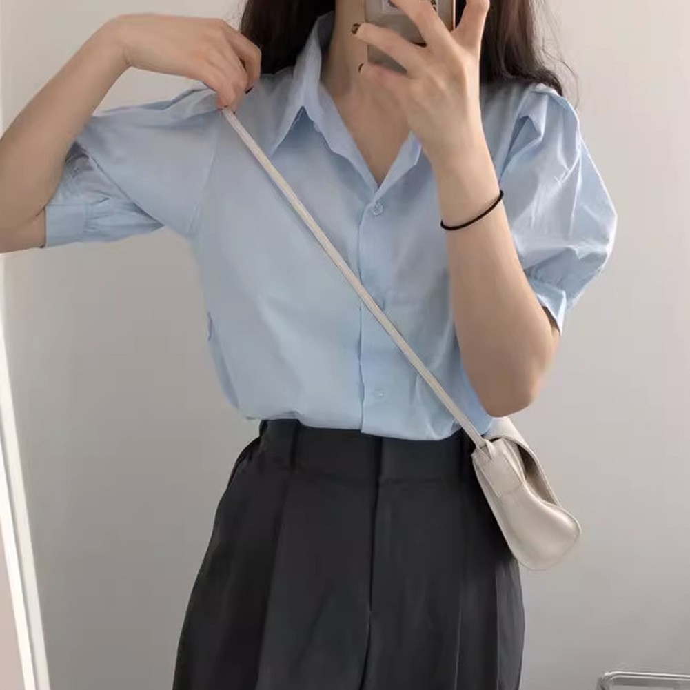 Stylish Women's Short Sleeve Lapel Shirt with Puff Sleeves Fashion Essential - Picture 13 of 15