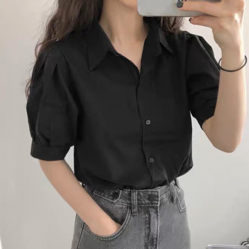Stylish Women's Short Sleeve Lapel Shirt with Puff Sleeves Fashion Essential - Picture 8 of 15