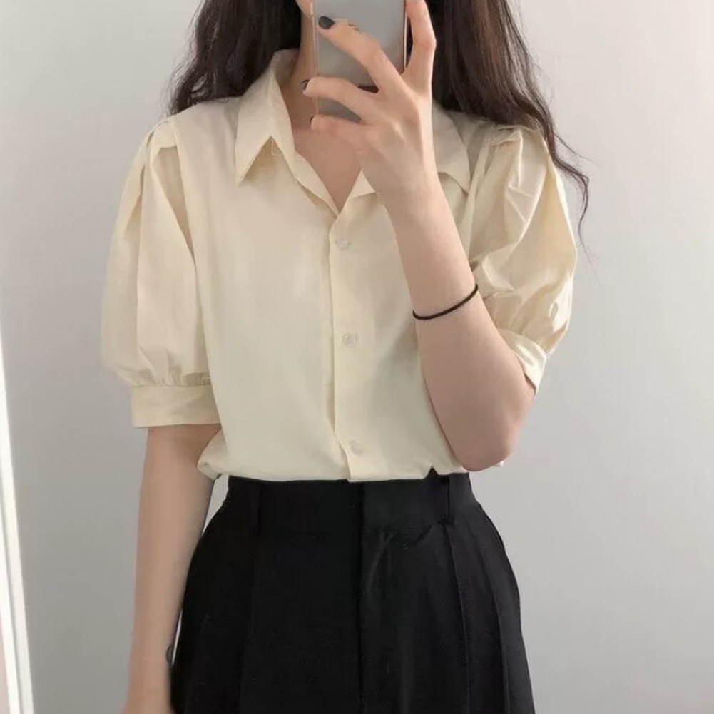 Stylish Women's Short Sleeve Lapel Shirt with Puff Sleeves Fashion Essential - Picture 14 of 15