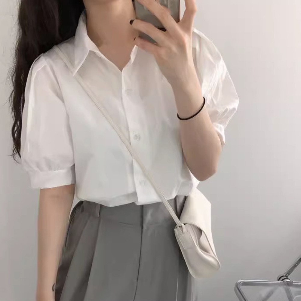 Stylish Women's Short Sleeve Lapel Shirt with Puff Sleeves Fashion Essential - Picture 9 of 15