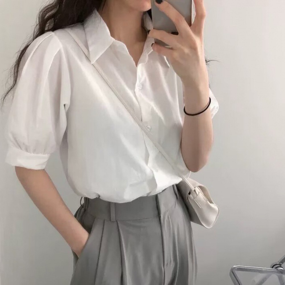 Stylish Women's Short Sleeve Lapel Shirt with Puff Sleeves Fashion Essential - Picture 10 of 15