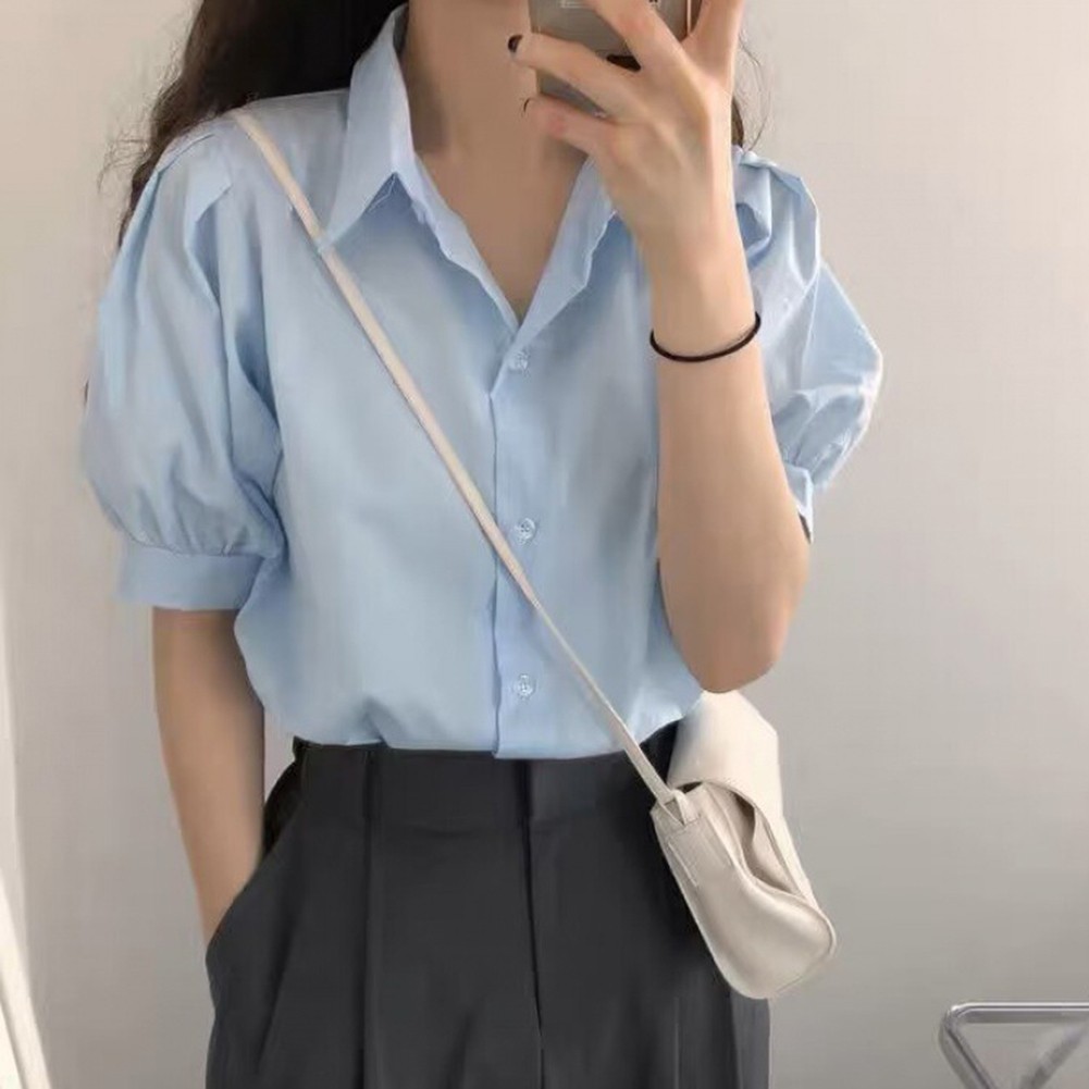 Stylish Women's Short Sleeve Lapel Shirt with Puff Sleeves Fashion Essential - Picture 12 of 15
