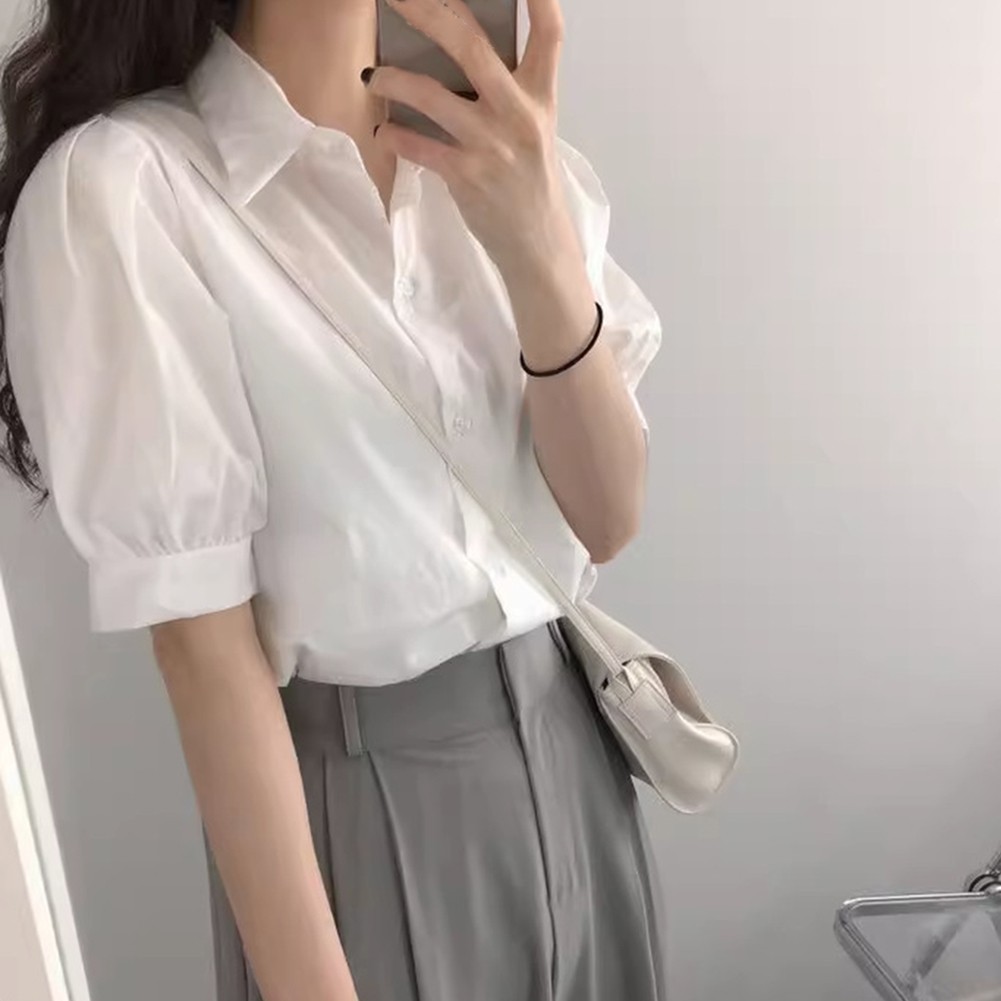 Stylish Women's Short Sleeve Lapel Shirt with Puff Sleeves Fashion Essential - Picture 11 of 15