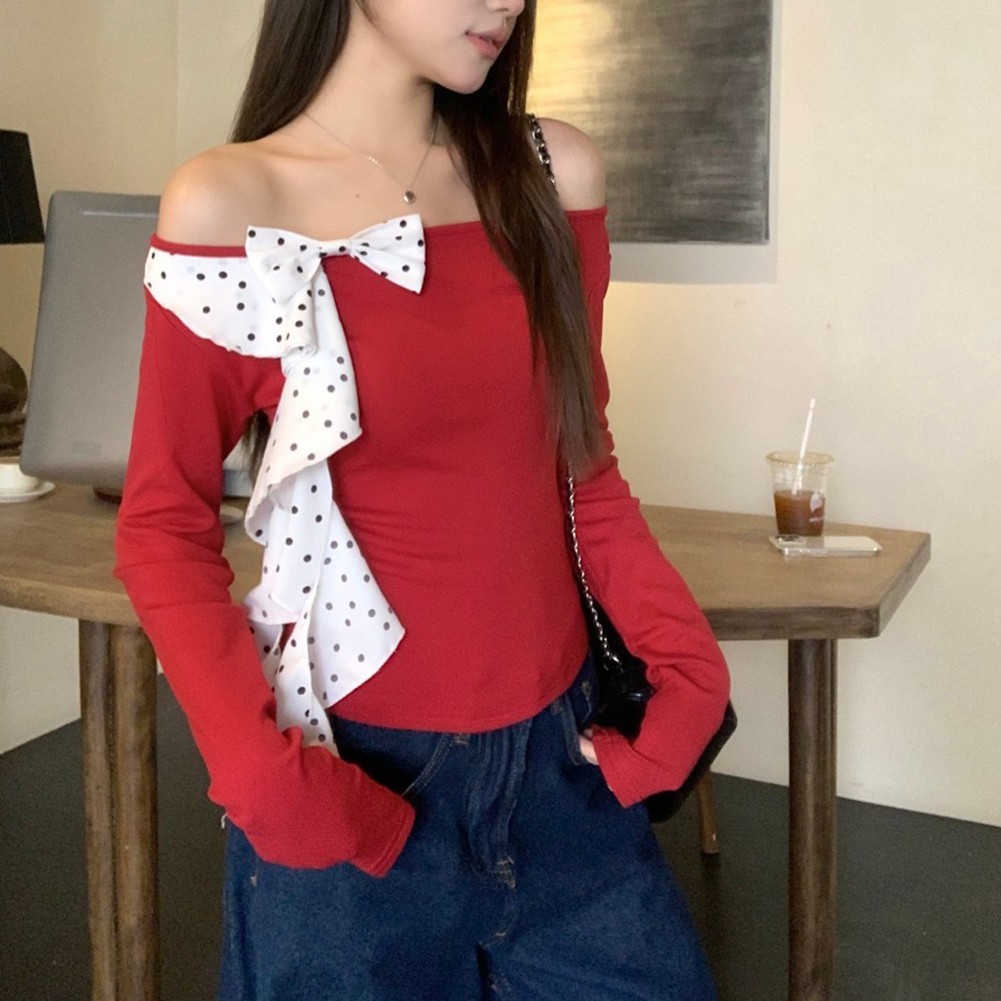 Gorgeous Women's One Shoulder Tee in Bright Red with Beautiful Bow Detail - Picture 16 of 28