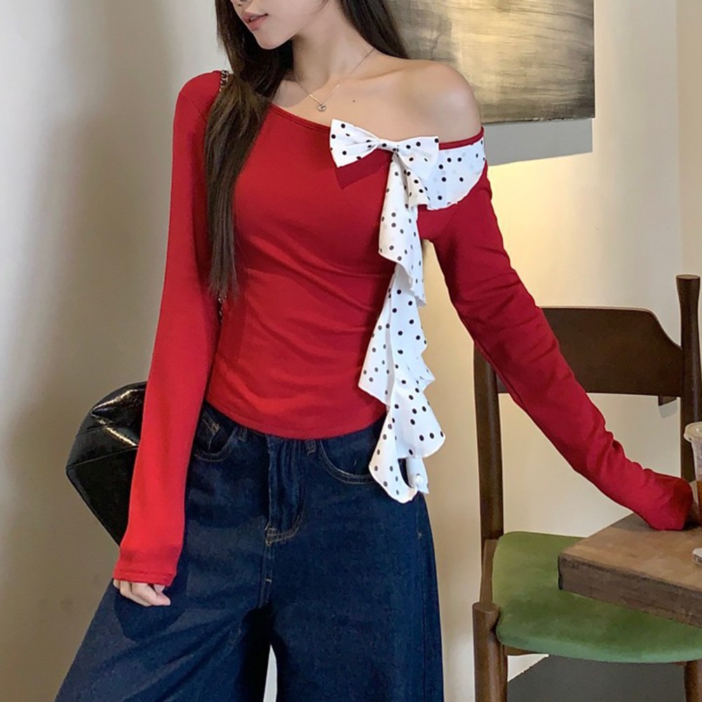 Gorgeous Women's One Shoulder Tee in Bright Red with Beautiful Bow Detail - Picture 14 of 28