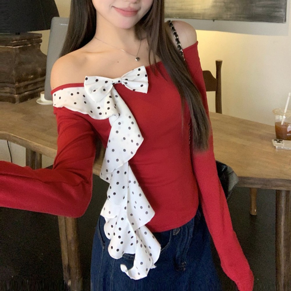 Gorgeous Women's One Shoulder Tee in Bright Red with Beautiful Bow Detail - Picture 13 of 28