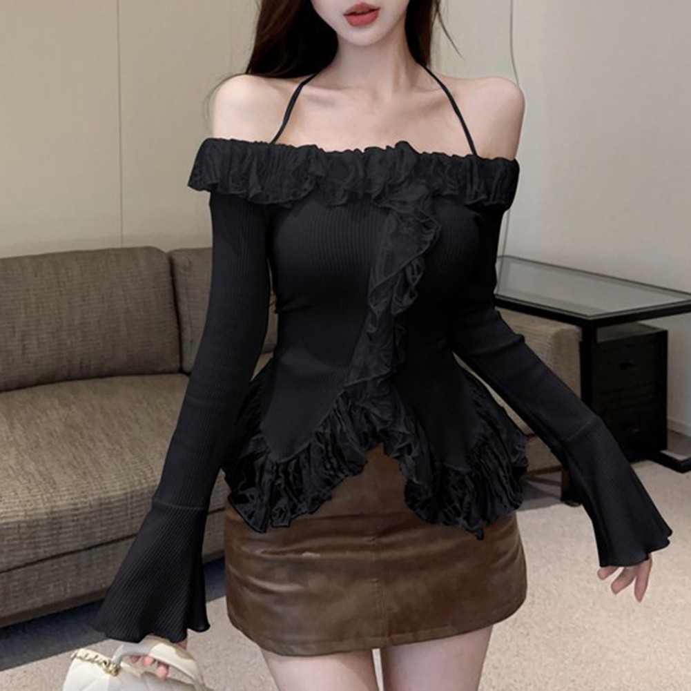 Slim Fit Long Sleeve One Shoulder Sweater with Ruffles for Daily Commuting - Picture 13 of 18