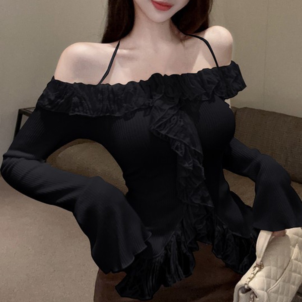 Slim Fit Long Sleeve One Shoulder Sweater with Ruffles for Daily Commuting - Picture 14 of 18