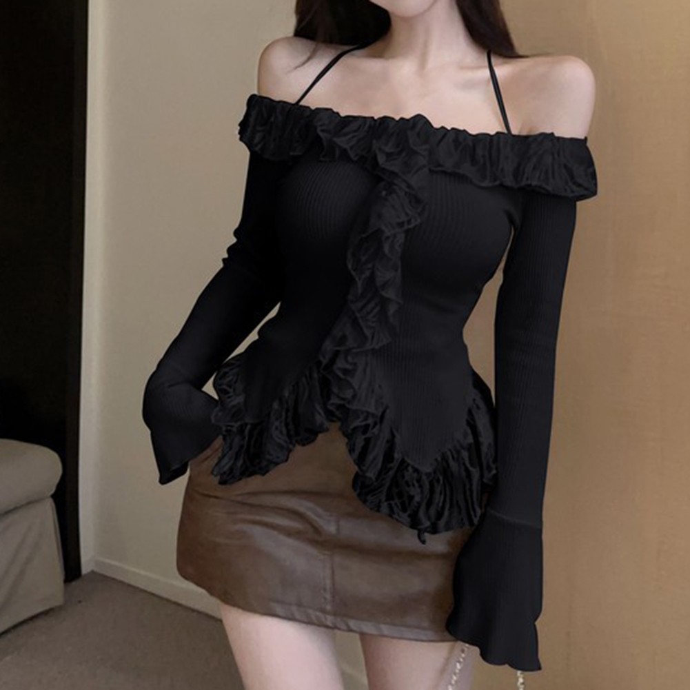 Slim Fit Long Sleeve One Shoulder Sweater with Ruffles for Daily Commuting - Picture 11 of 18