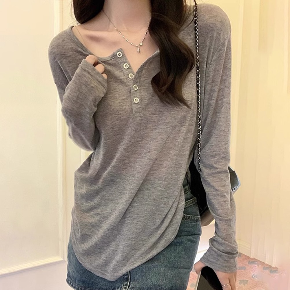 Basic Grey Long Sleeve T Shirt for Women with Buttons and Casual Style