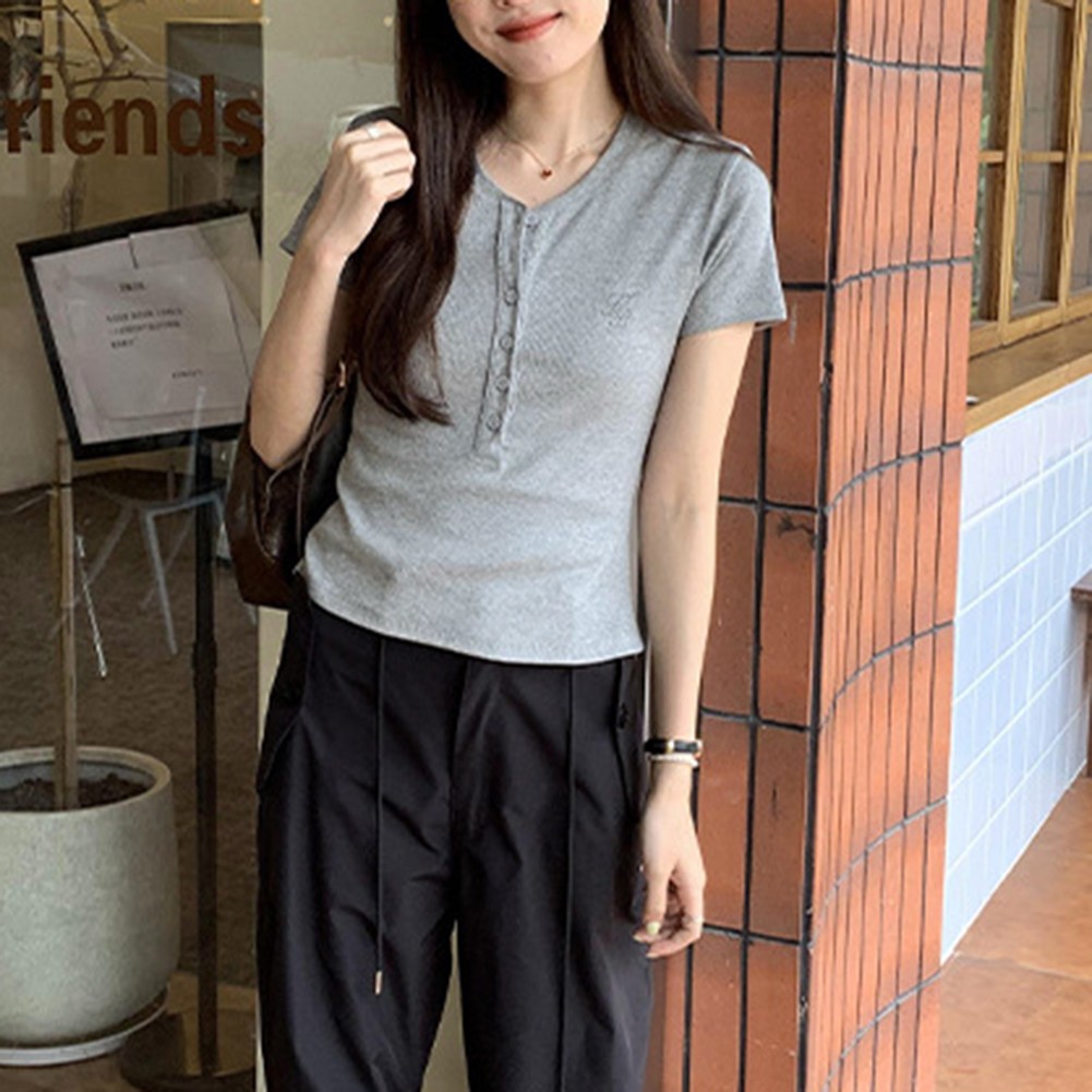 Womens Comfortable Half Breasted T Shirt in Solid Color Options Available - Picture 21 of 22