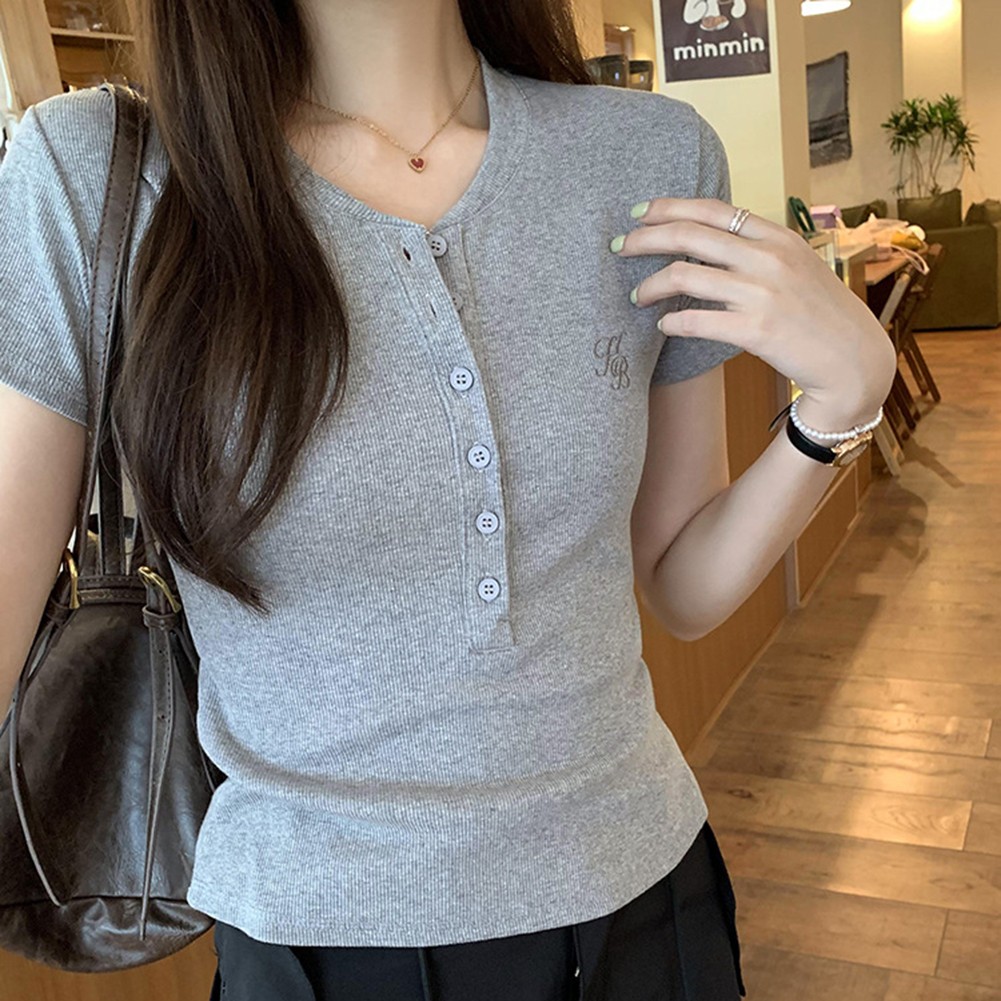 Womens Comfortable Half Breasted T Shirt in Solid Color Options Available - Picture 20 of 22